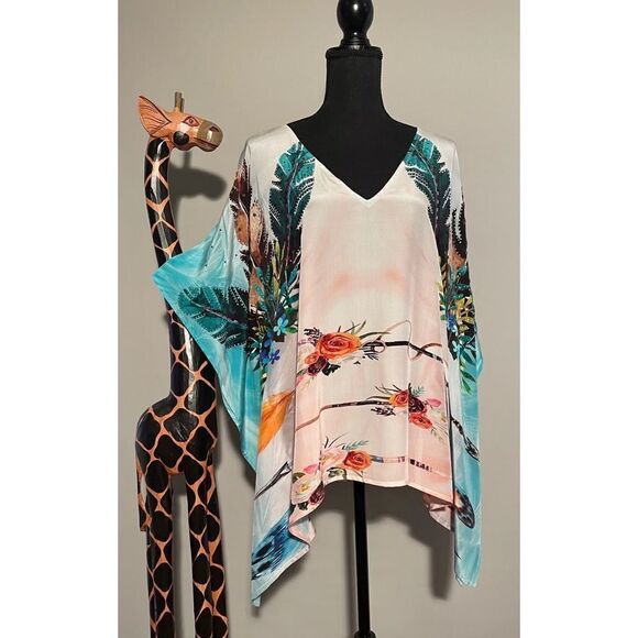 Katherine Kelly Lang Signature Collection Silk Feather Floral V-Neck Kaftan NWT - Picture 1 of 4